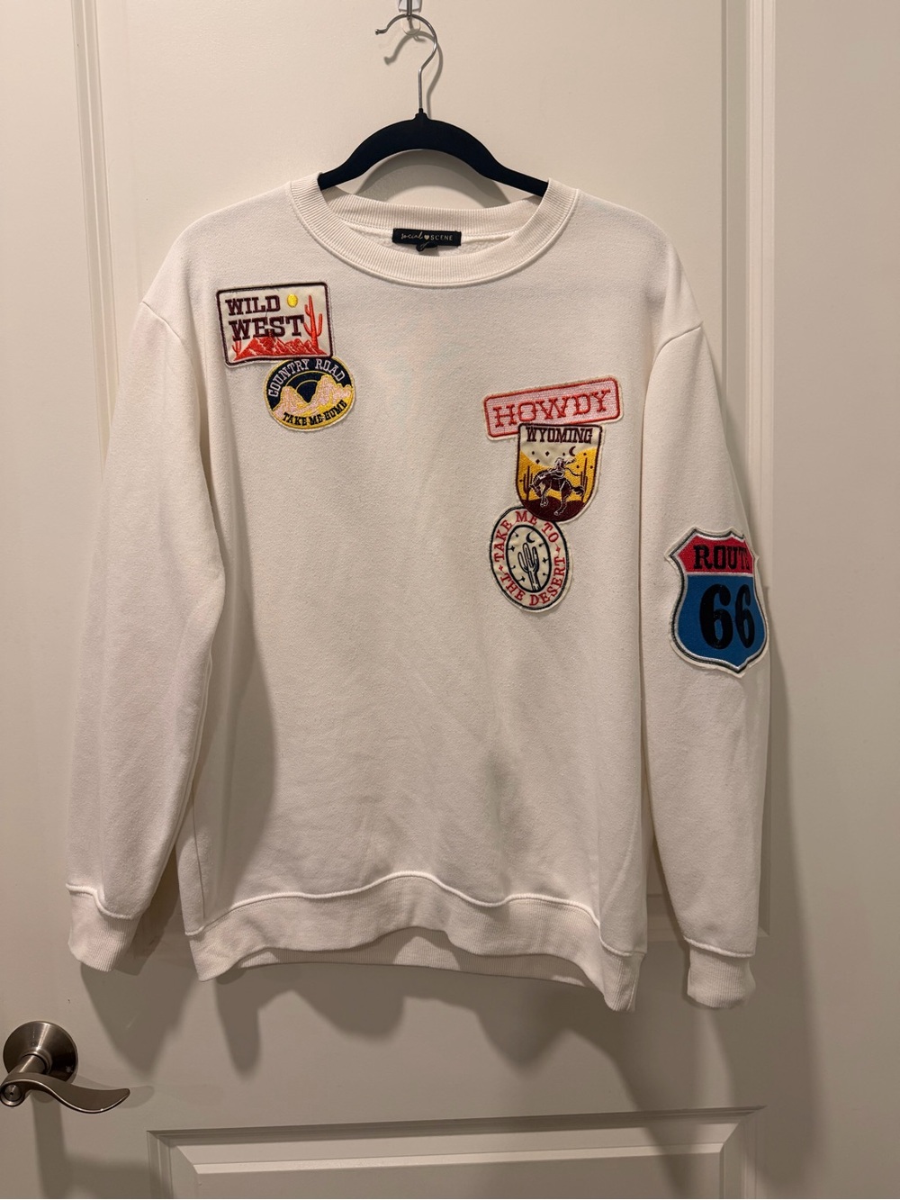 Social Scene Wild West Route 66 Patch Sweatshirt Women’s M White Western Cowboy